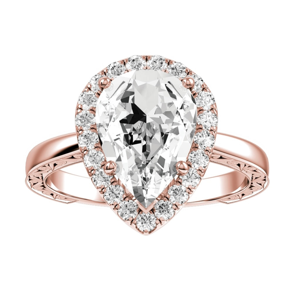 Rose Gold Pear Cut Diamond with Halo Setting and Matching Wedding Band