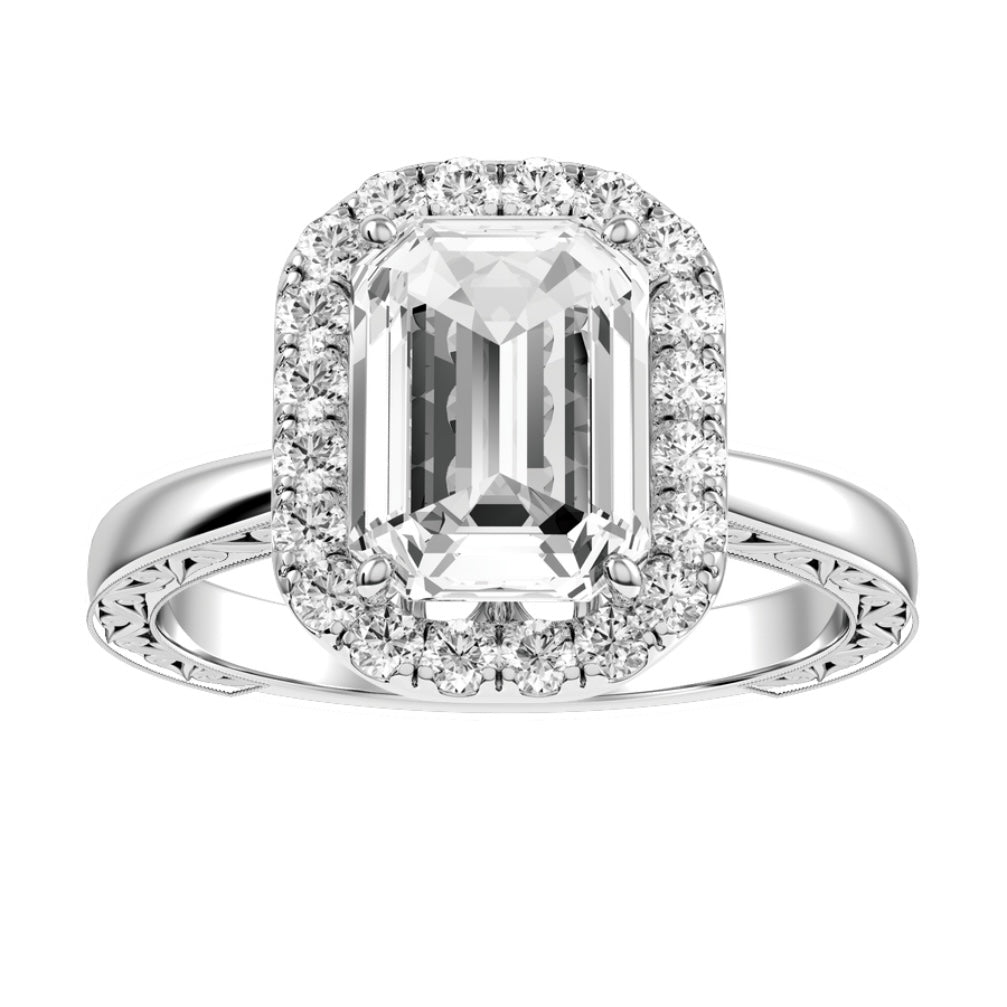 White Gold Emerald Cut Halo Diamond Engagement Ring With Wedding Band