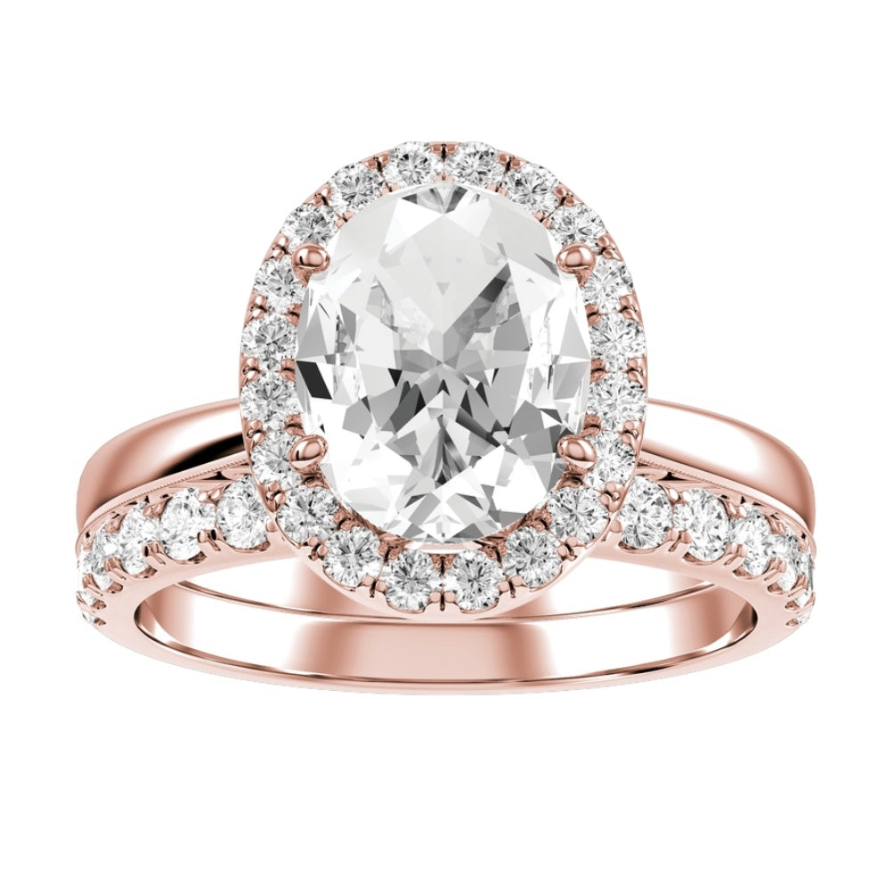 Rose Gold Oval Cut Diamond Engagement Ring With Halo Setting and Matching Wedding Band