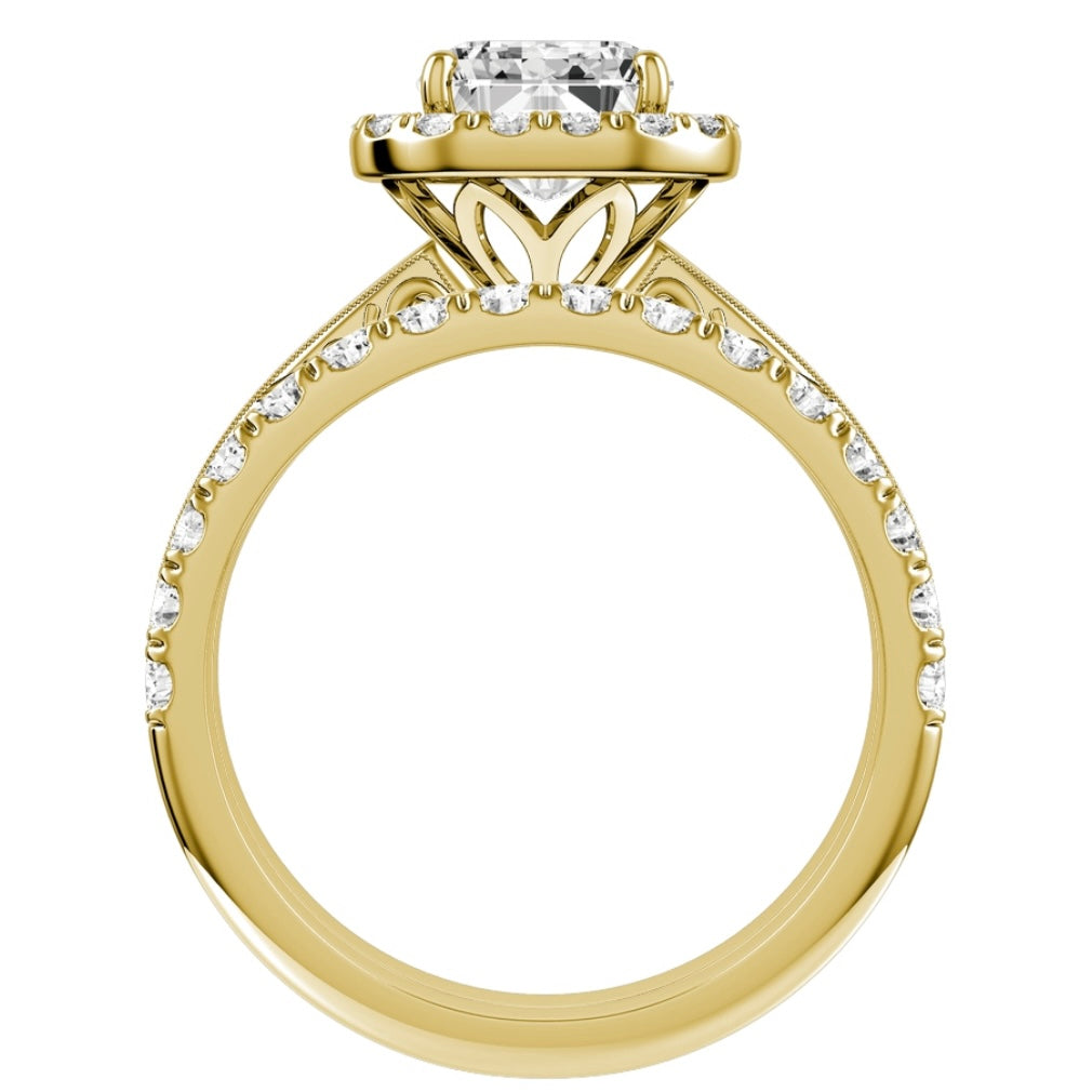 Yellow Gold Emerald Cut Diamond Engagement Ring with Halo and Matching Wedding Band