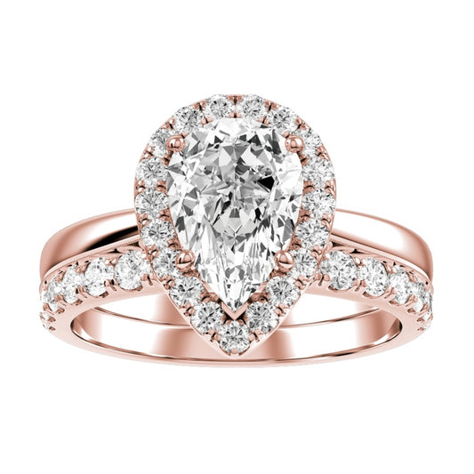 Rose Gold Pear Cut Diamond with Halo Setting and Matching Wedding Band