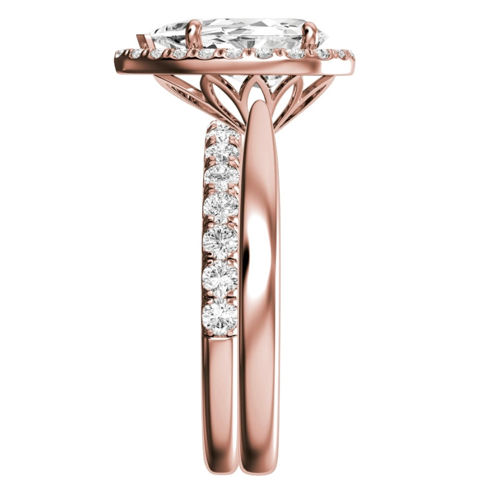 Rose Gold Pear Cut Diamond with Halo Setting and Matching Wedding Band