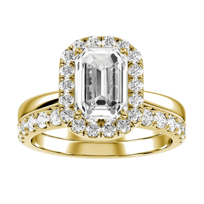 Yellow Gold Emerald Cut Diamond Engagement Ring with Halo and Matching Wedding Band