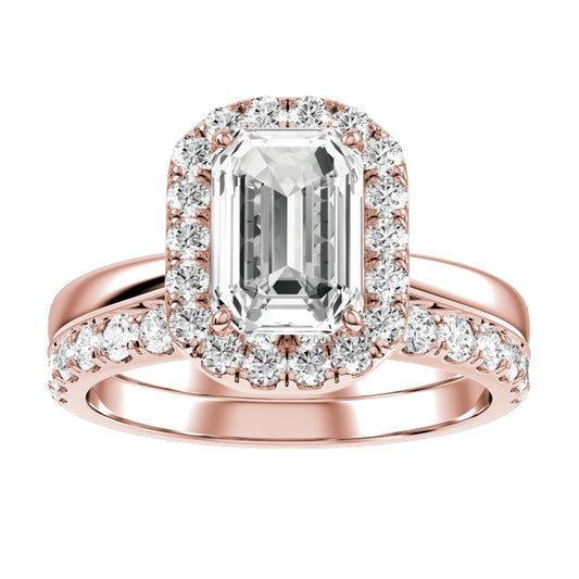 Rose Gold Emerald Cut Halo Diamond Engagement Ring With Wedding Band