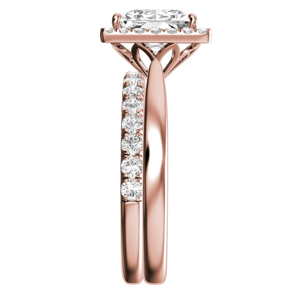 Rose Gold Princess Cut Diamond with Halo Setting and Matching Wedding Band