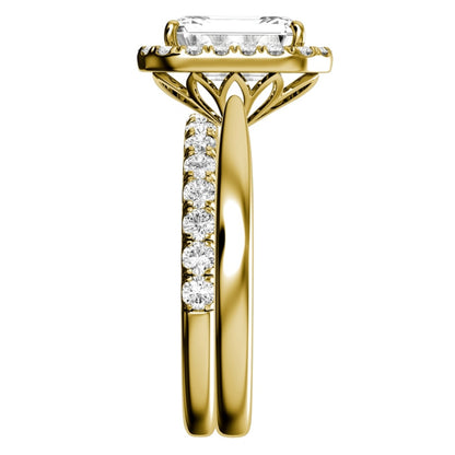 Yellow Gold Emerald Cut Diamond Engagement Ring with Halo and Matching Wedding Band