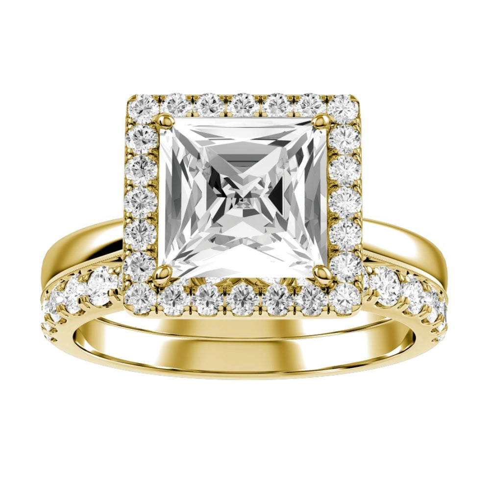 Yellow Gold Princess Cut Diamond Halo Setting with Matching Wedding Band