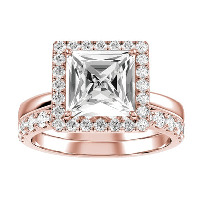 Rose Gold Princess Cut Diamond with Halo Setting and Matching Wedding Band