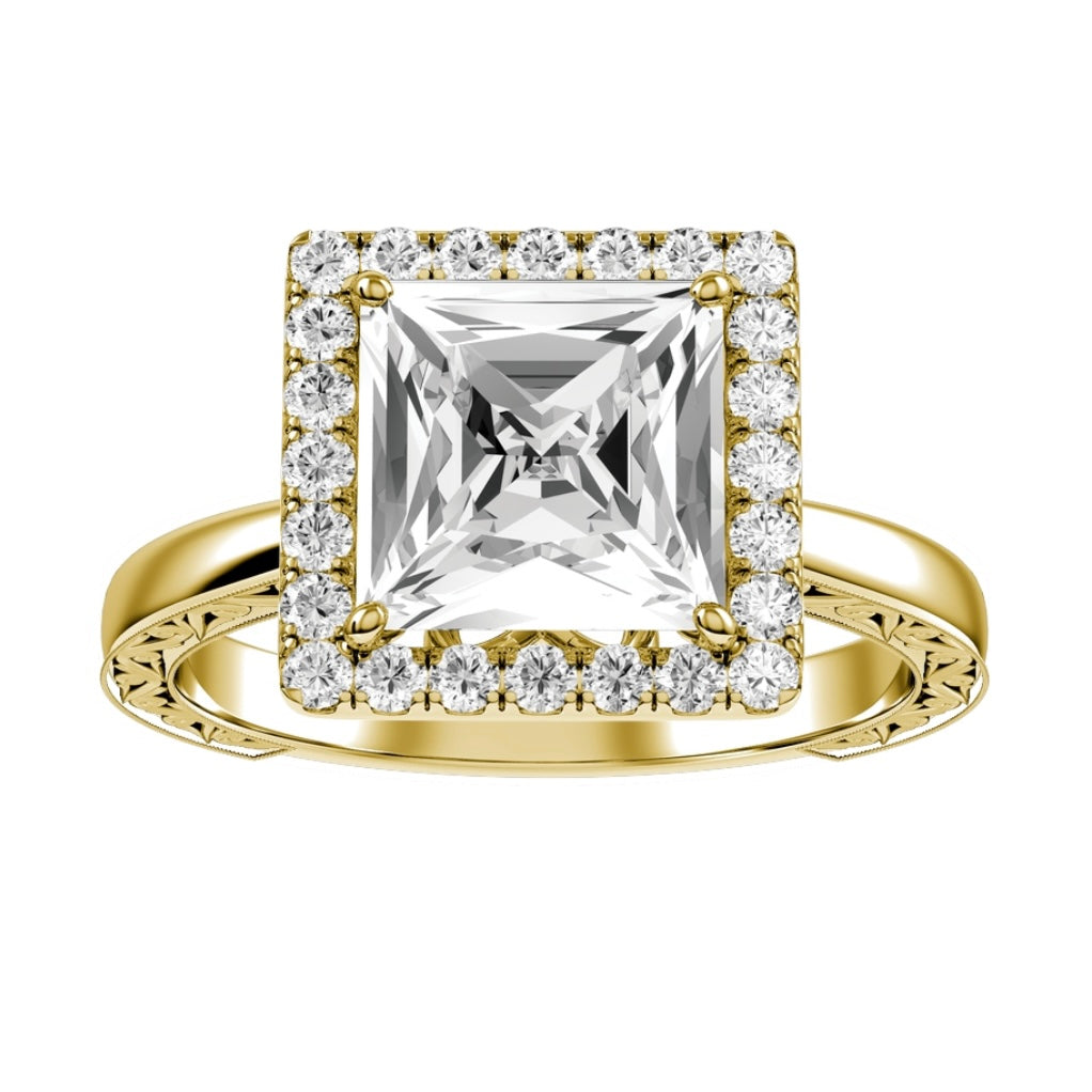 Yellow Gold Princess Cut Diamond Halo Setting with Matching Wedding Band