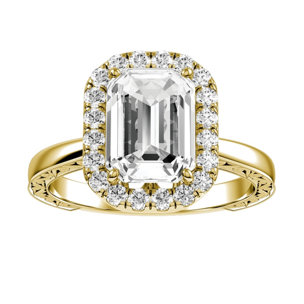 Yellow Gold Emerald Cut Diamond Engagement Ring with Halo and Matching Wedding Band