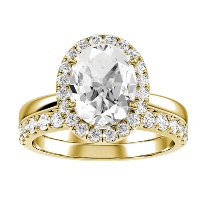 Yellow Gold Oval Cut Diamond with Halo Setting and Matching Wedding Band