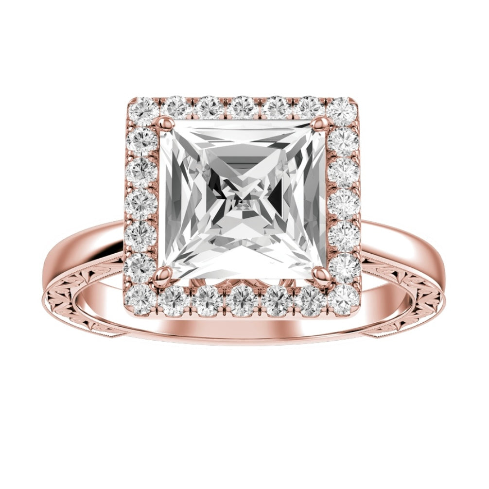 Rose Gold Princess Cut Diamond with Halo Setting and Matching Wedding Band