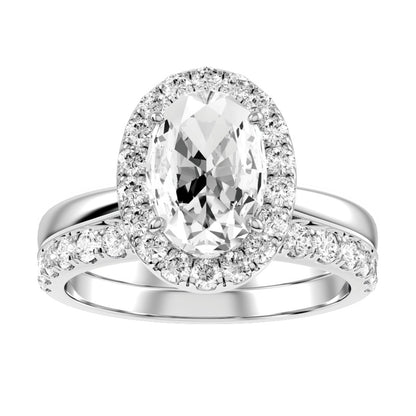 White Gold Oval Cut Diamond with Halo Setting Engagement Ring with Matching Wedding Band