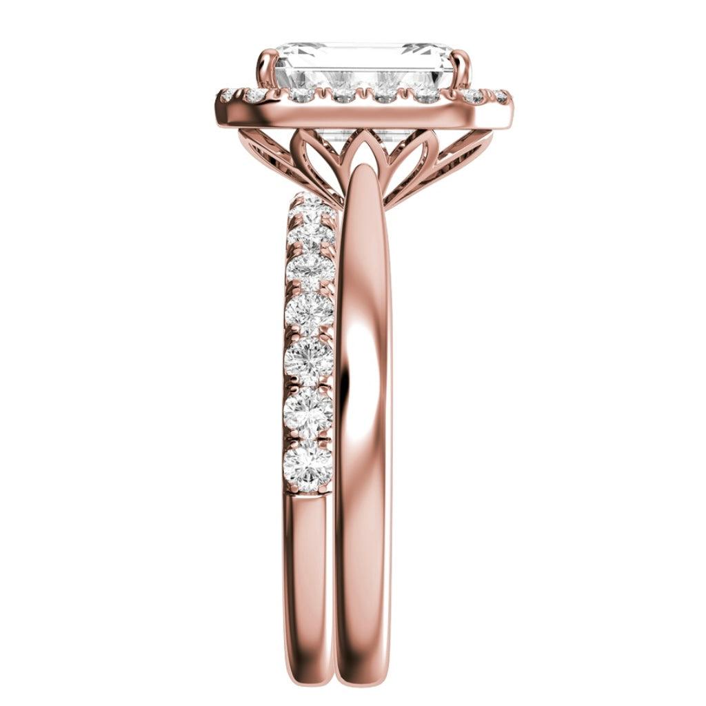 Rose Gold Emerald Cut Halo Diamond Engagement Ring With Wedding Band