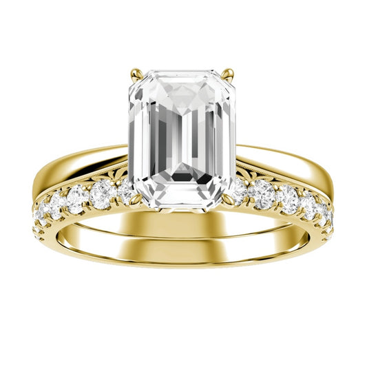 Yellow Gold Emerald Cut Diamond Ring With Matching Wedding Band