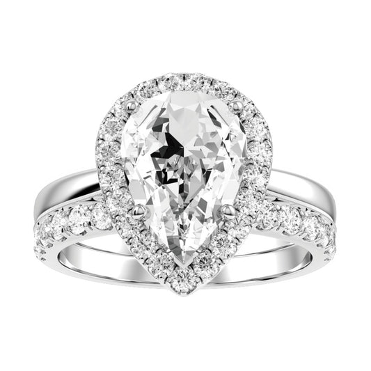 White Gold Pear Cut Diamond Halo Setting with matching Wedding Band