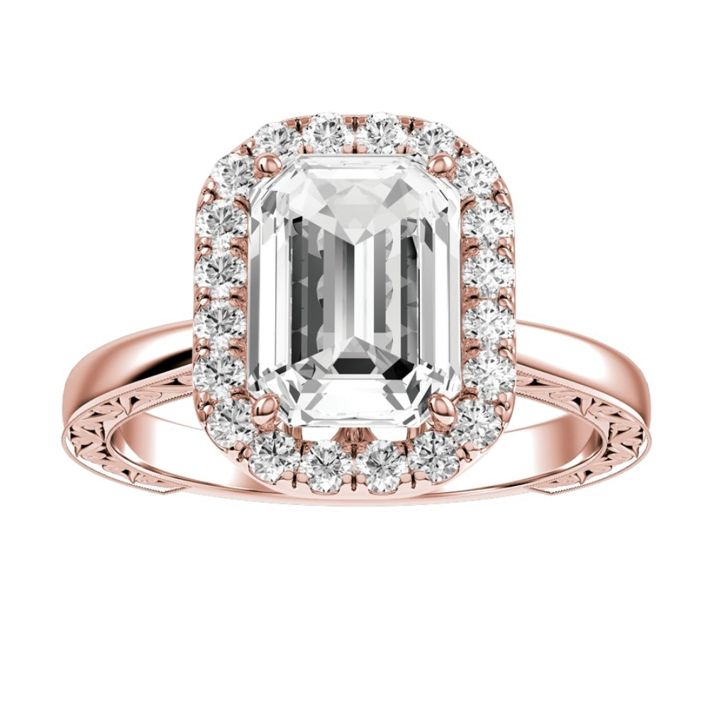 Rose Gold Emerald Cut Halo Diamond Engagement Ring With Wedding Band