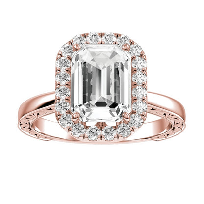 Rose Gold Emerald Cut Halo Diamond Engagement Ring With Wedding Band