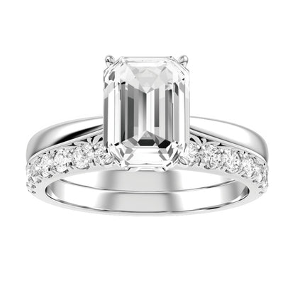 White Gold Emerald Cut Stand Alone Diamond Engagement Ring With Wedding Band