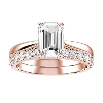 Rose Gold Emerald Cut Stand Alone Diamond Engagement Ring With Wedding Band