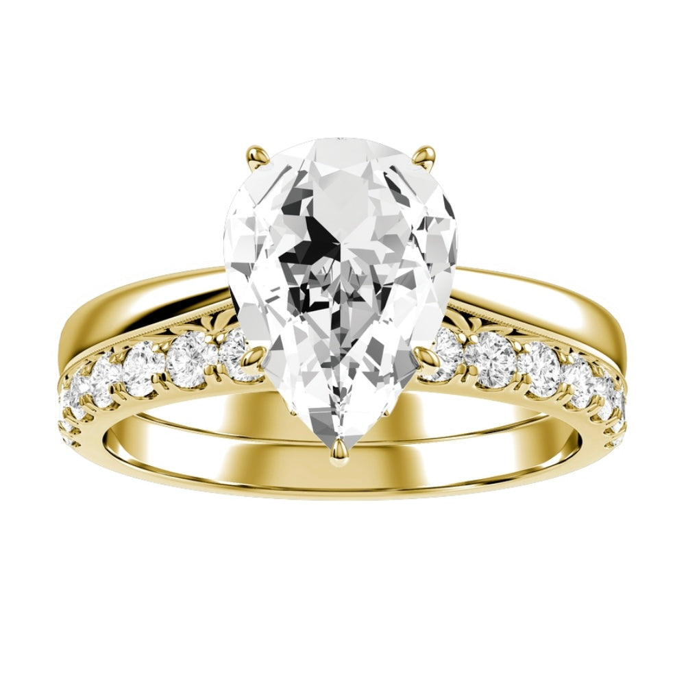 Yellow Gold Pear Cut Diamond Engagement Ring with Matching Wedding Band