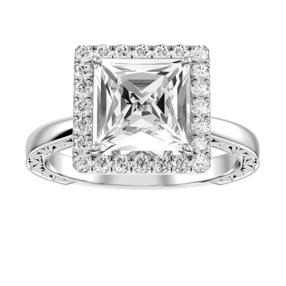 White Gold Princess Cut Diamond Engagement Ring Halo Setting with Matching Wedding Band