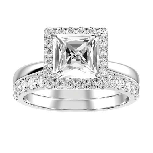 White Gold Princess Cut Diamond Engagement Ring Halo Setting with Matching Wedding Band