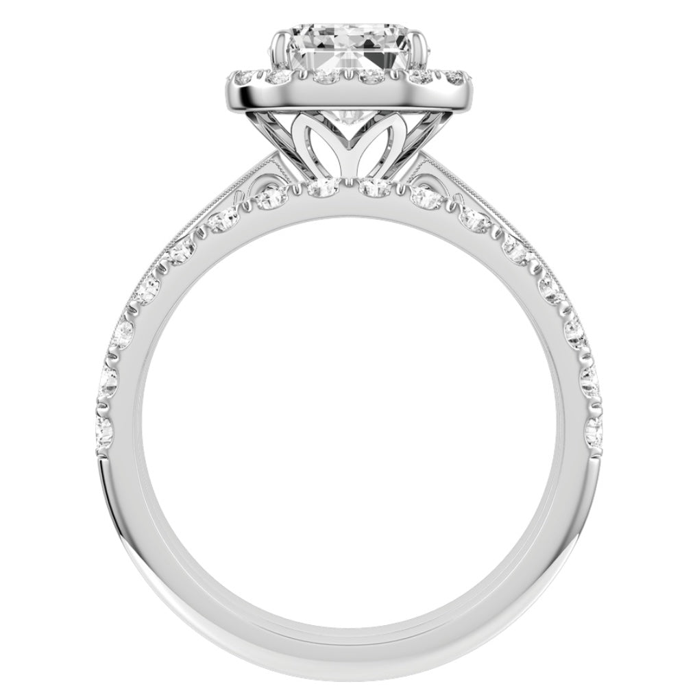 White Gold Emerald Cut Halo Diamond Engagement Ring With Wedding Band