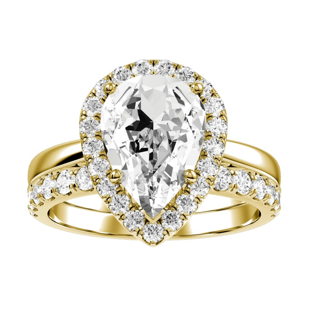 Yellow Gold Pear Cut Diamond in Halo Setting with Matching Wedding Band