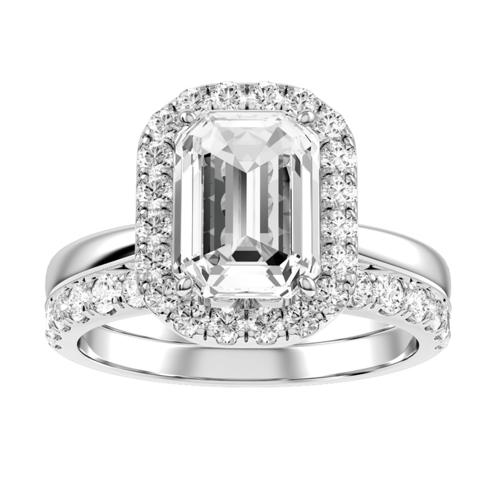 White Gold Emerald Cut Halo Diamond Engagement Ring With Wedding Band