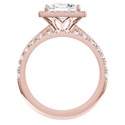 Rose Gold Princess Cut Diamond with Halo Setting and Matching Wedding Band