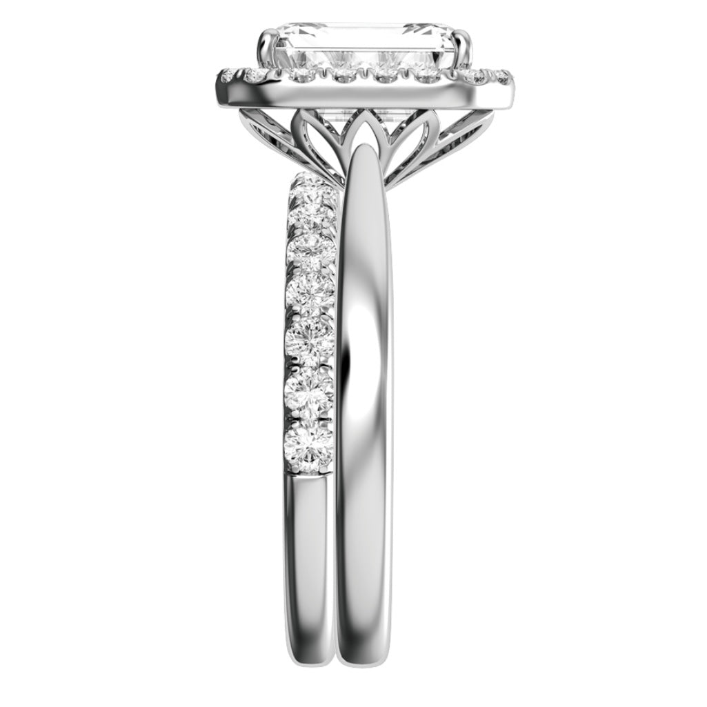 White Gold Emerald Cut Halo Diamond Engagement Ring With Wedding Band