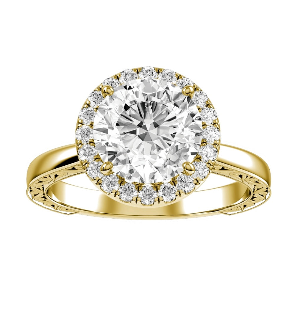 Yellow Gold Round Cut Diamond with Halo Setting and matching Wedding Band