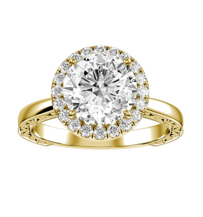 Yellow Gold Round Cut Diamond with Halo Setting and matching Wedding Band