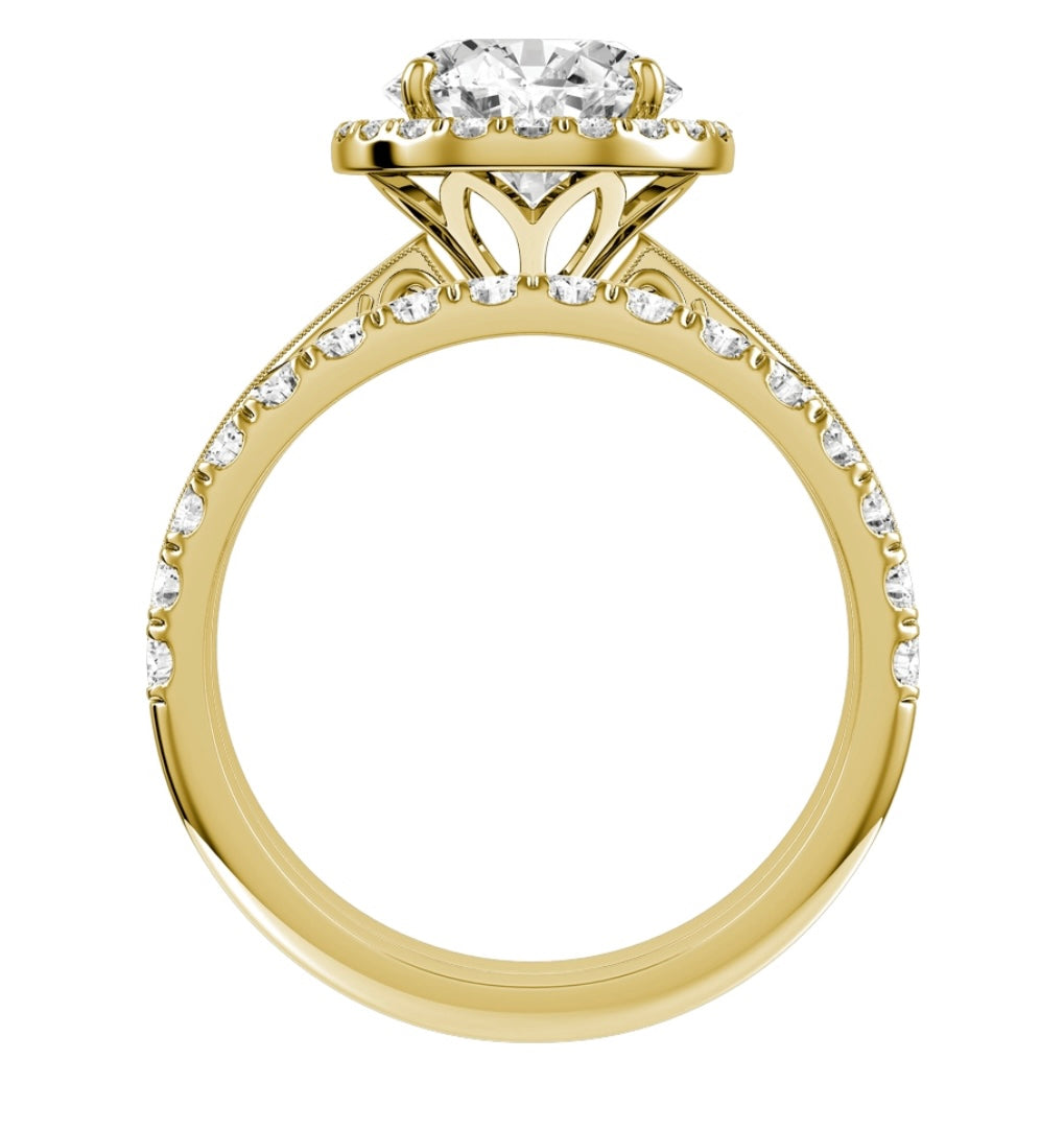 Yellow Gold Round Cut Diamond with Halo Setting and matching Wedding Band