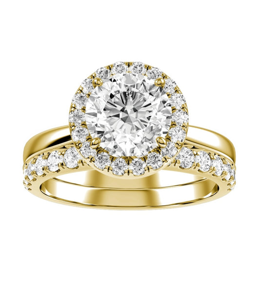 Yellow Gold Round Cut Diamond with Halo Setting and matching Wedding Band