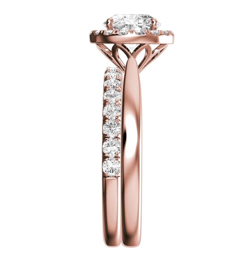 Rose Gold Round Cut Diamond Halo Setting with Matching Wedding Band