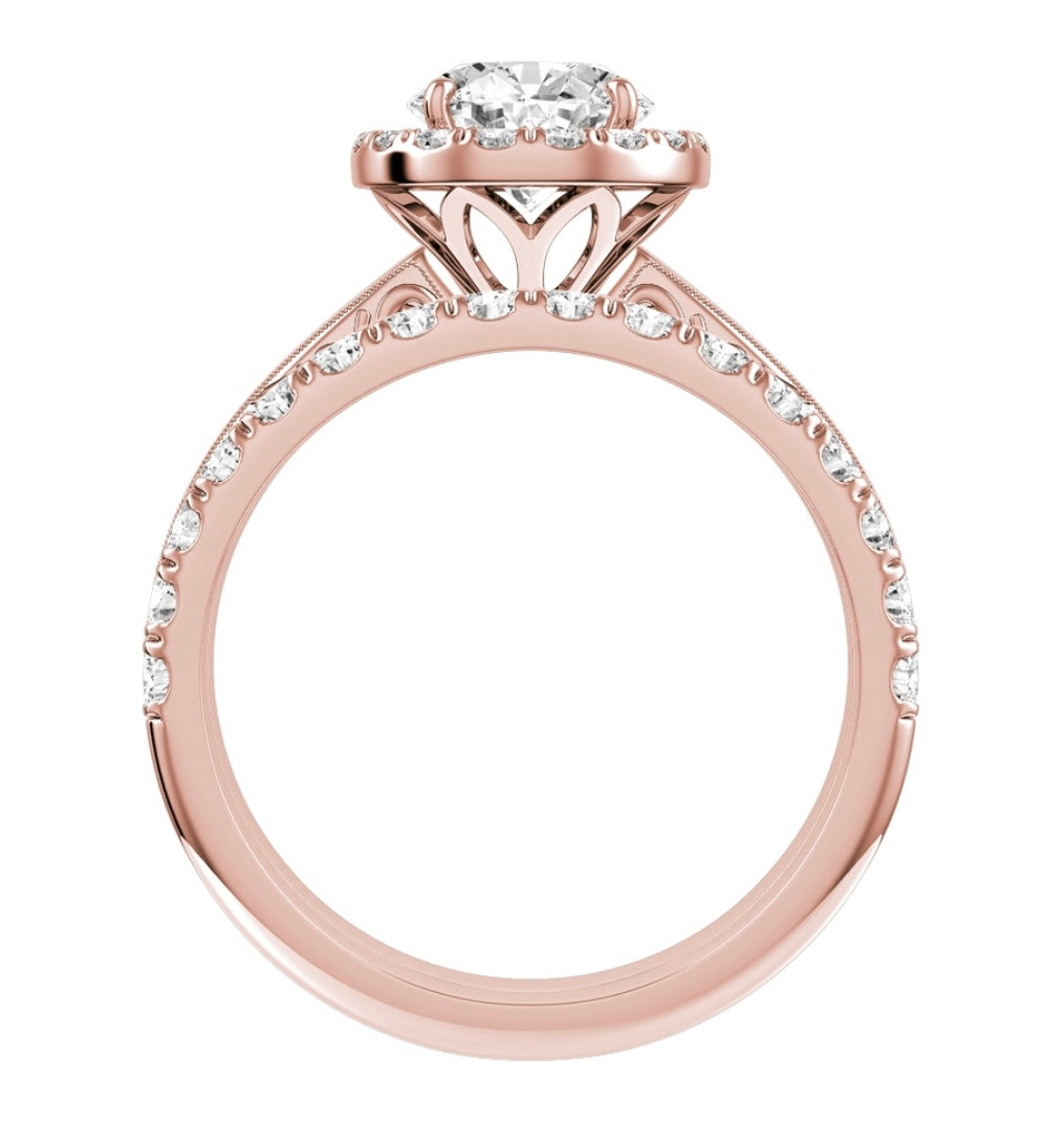 Rose Gold Round Cut Diamond Halo Setting with Matching Wedding Band