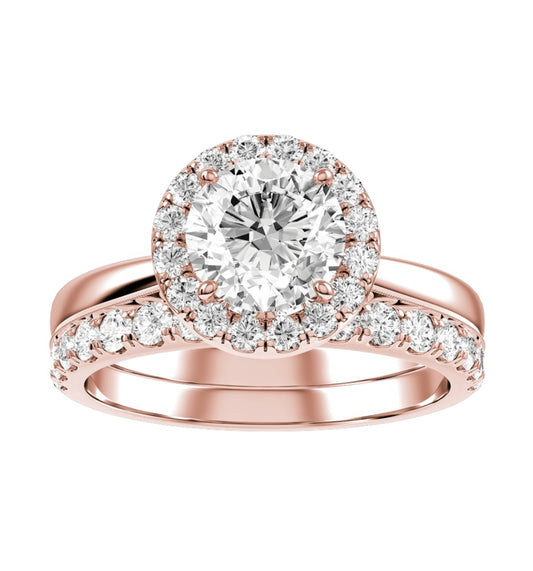 Rose Gold Round Cut Diamond Halo Setting with Matching Wedding Band