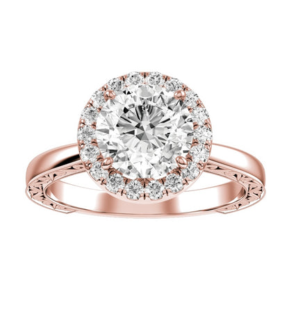 Rose Gold Round Cut Diamond Halo Setting with Matching Wedding Band