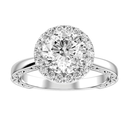 White Gold Round Cut Diamond Engagement Ring Halo Setting With Matching Wedding Band