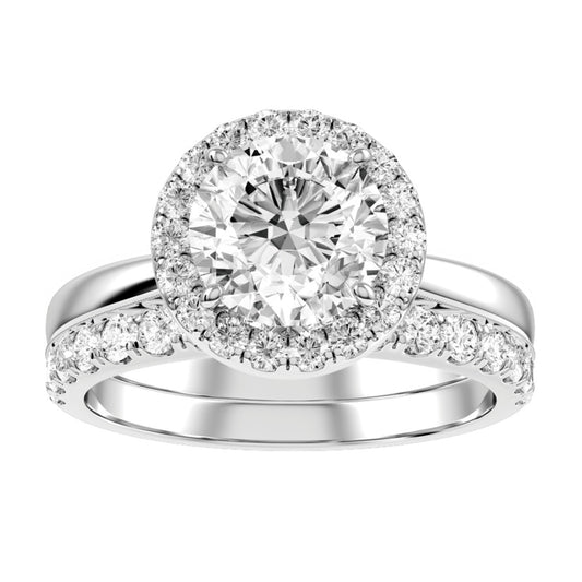 White Gold Round Cut Diamond Engagement Ring Halo Setting With Matching Wedding Band